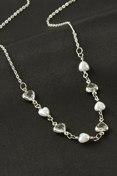 ZERO LAND Nrzsnt Heart Pearl Crystal Stone Necklace - (03307) Silver Color