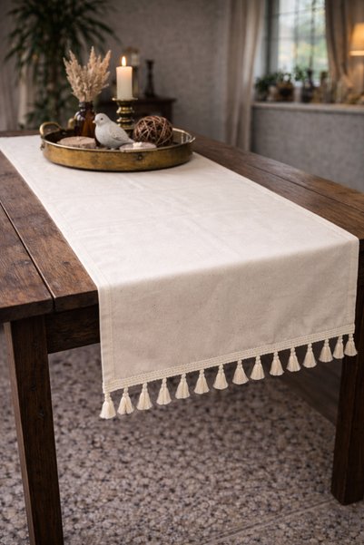 abidehanım Natural Cream Runner Tablecloth with Tassels Modern Stylish Dowry Living Room Table Decoration 40X110