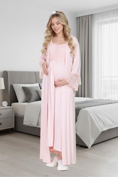 PREGNANT WORLD Yeni Sezon Pudra Dantelli Kısa Kollu Tam Boy Düğmeli %100 Pamu...