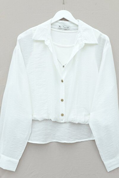 COjans Crop Badyli Long Back Shirt with Necklace - Ecru