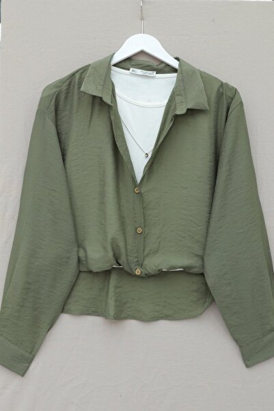 COjans Cropped Badyli Long Backless Shirt with Necklace - Khaki