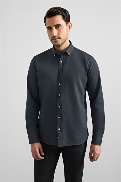SÜVARİ Antrasit Slim Düğmeli Yaka Düz Cepsiz Casual Gömlek