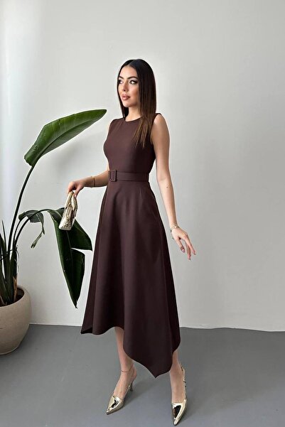 Caddebostan Moda Belt Piece Asymmetrical Cut Hem Sleeveless Atlas Fabric Midi...