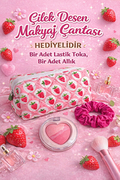 zevonna Çilek Desen Büyük Boy Makyaj Çantası ( 1 Adet Allık ve Lastik Toka He...
