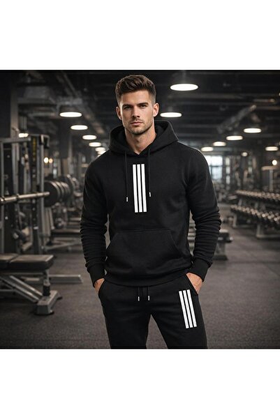 HerTarzınTrendi Men's Three-Stripe Hooded Tracksuit Set Winter Unisex Sweatsh...