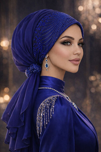 Aişe tesettür Saks Blue Evening Dress with Buckle Bonnet / Ready-Made Veil