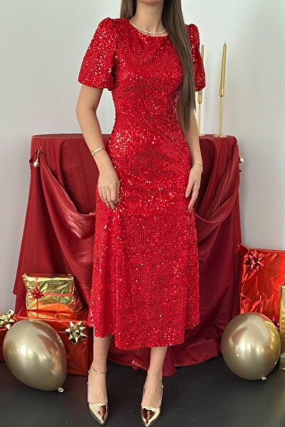 Caddebostan Moda Women's Sequined Short Sleeve Midi Length Evening Dress