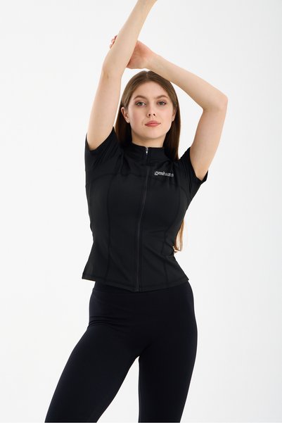 gymhams Black Women's Premium Sports Jacket – Short Sleeve, Zippered, Yoga Pilates Fitness Running Training Top