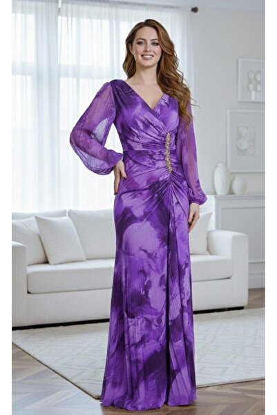 alqarat Summer Elegance Pleated Chiffon Artistic Print Gown