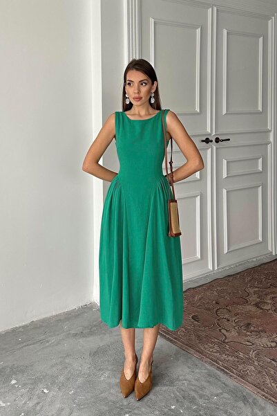 Caddebostan Moda Midi Length Linen Dress with Gathered Sides