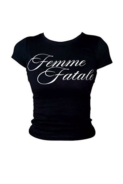 Violon Siyah Femme Fatale Yazılı Slim Fit Kadın Tişört