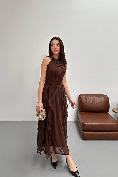 Caddebostan Moda Ruched Ruffles in Front Halter Neck Chiffon Evening Dress