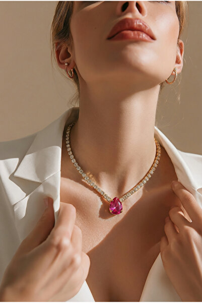 HOSBUTIK Pembe zirkon taşlı suyolu kolye