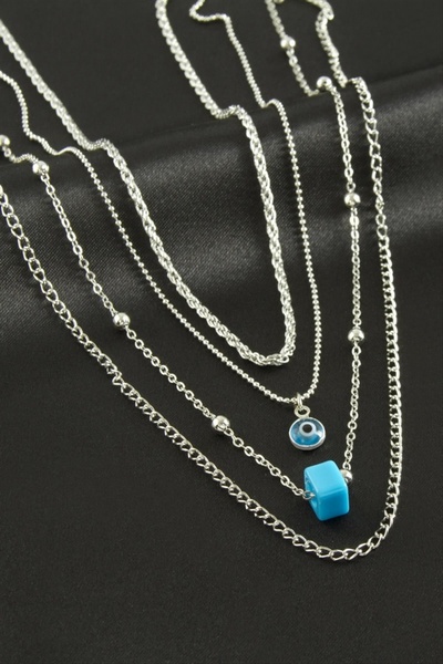 ZERO LAND Nrzsnt Evil Eye Glass Bead Quadruple Necklace - (05512) Silver Color