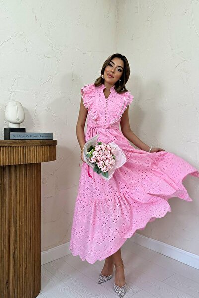 Caddebostan Moda Ruffled Buttoned Embroidered Embroidered Belted Bohemian Max...