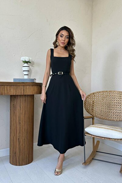 Caddebostan Moda Belt Square Collar Atlas Fabric Long Dress Graduation and Ev...