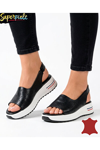 ANGEL BLUE Women's genuine Leather Sandals with Openwork Patterned and thick ...