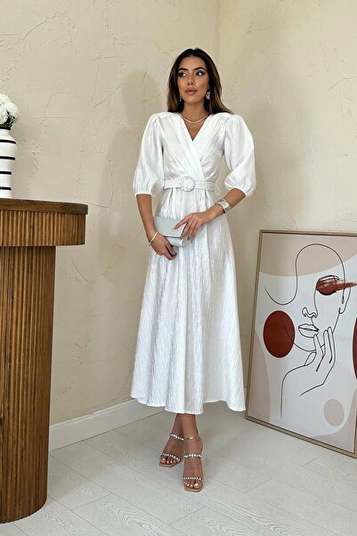 Caddebostan Moda Sparkling Belt Piece Double-Breasted Dress Balloon Sleeve Mi...