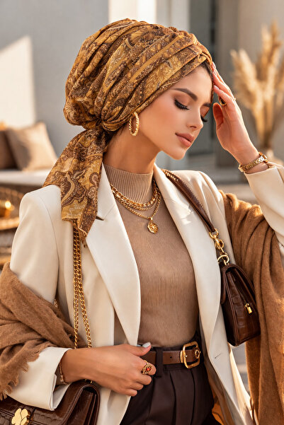 Aişe tesettür Hardal Etnik Desen Tokalı Bone