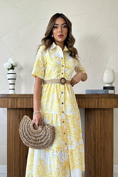 Caddebostan Moda Women's Patterned Shirt Collar Embroidered Embroidered Sleev...