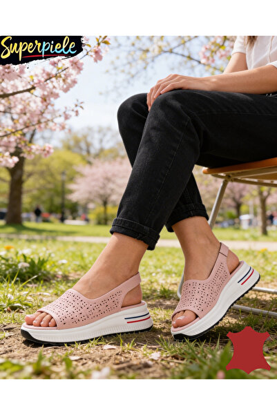 ANGEL BLUE Women's genuine Leather Sandals with Openwork Patterned and thick ...