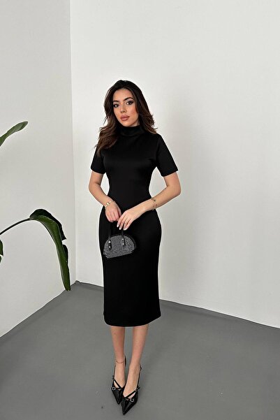 Caddebostan Moda Rochie tricotată lungime midi cu mânecă scurtă și guler pe g...