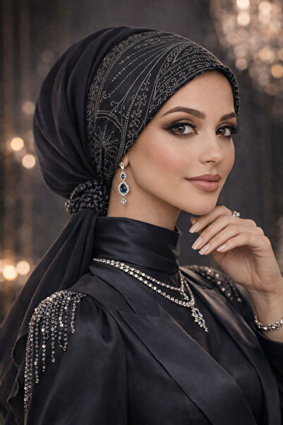 Aişe tesettür Black Silver Evening Dress with Buckle Headpiece / Ready-Made Veil