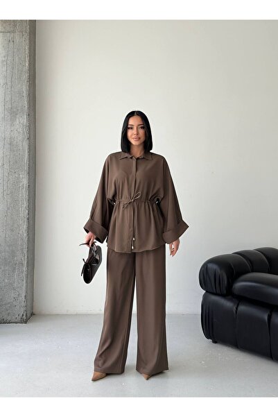 ALVOR Waist-Tie Draped Relaxed Fit Shirt and Wide-Leg Pants Top and Bottom Set