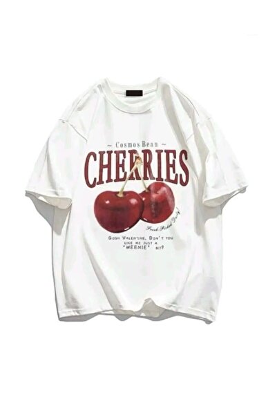 Violon Cherries Printed White Oversize T-Shirt