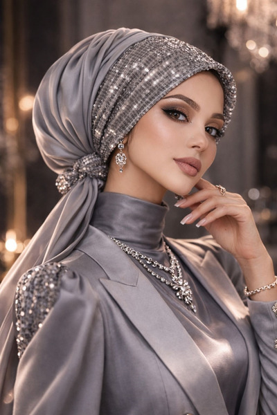 Aişe tesettür Βραδινό φόρεμα με ασημένιες παγιέτες Με αγκράφα με κορδέλα / έτ...