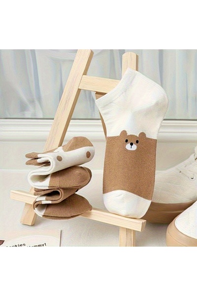 çorapmanya 5 Çift Kadın Yazlık Rahat Teddy Desenli Pamuklu Kaymaz Patik Çorap