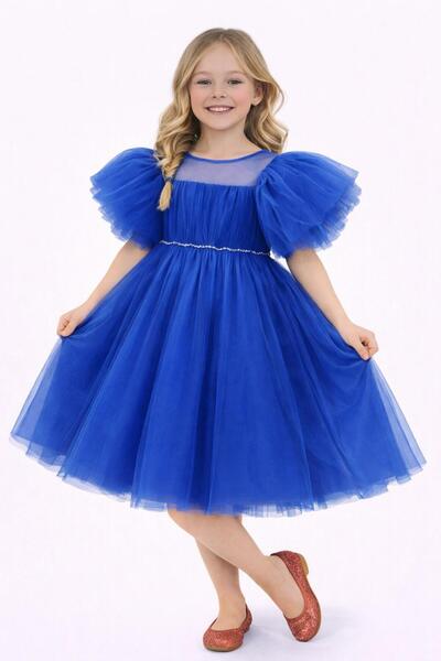 Nacar 23 Nisan 29 Ekim Gösteri Kıyafeti Balon Kollu Tül Detaylı Kız Çocuk Öze...