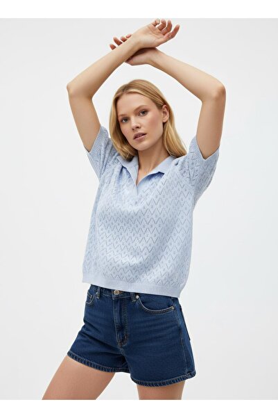 Noi Belis Polo Collar Perforated Short Sleeve Knitwear Blouse Ss26Bz0029