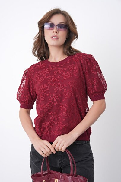 Noi Belis Floral Tulle Detailed Short Sleeve Knitwear Blouse Ss26Bz0030