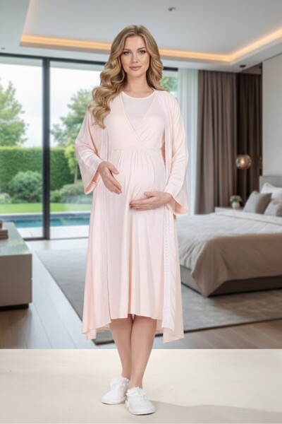 Lohusa Homewear YeniSezon Pudra Υφαντό Δαντέλα ριγέ διπλό πέτο κοντομάνικο 10...