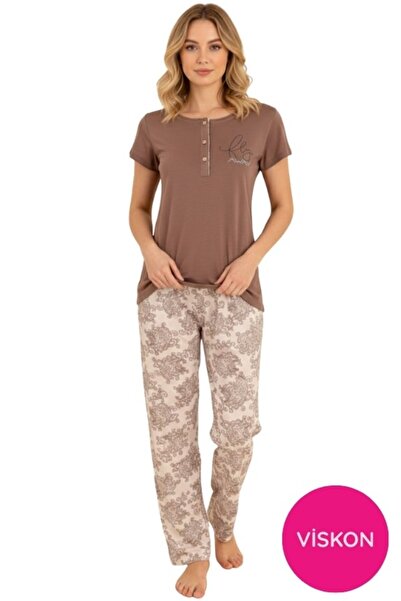 seamlife Women's Patterned Button Crew Neck Short Sleeve Pajama Set- Slim Fit...