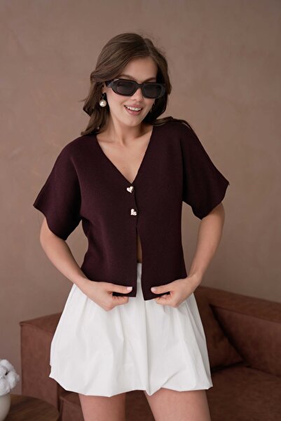 Noi Belis Heart Button Detailed Short Sleeve Knitwear Cardigan Ss26Hi0002