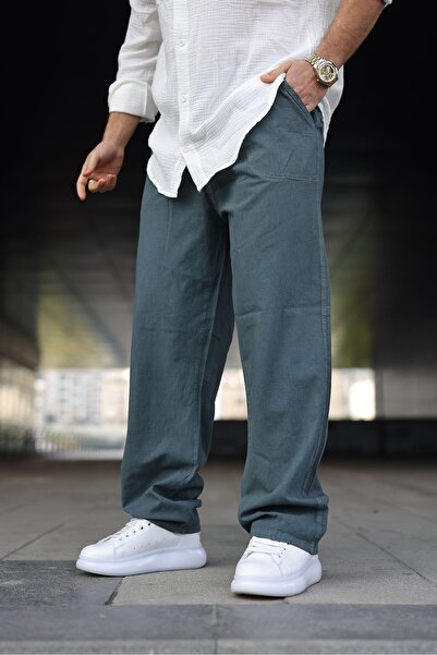 Hazhers Erkek Mavi %100 Keten Relaxed Fit Beli Lastikli Bağcıklı Yazlık Pantolon