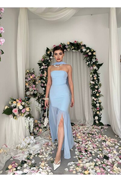 YURELİ Straplez Şal Detaylı Asimetrik Uzun Abiye Elbise