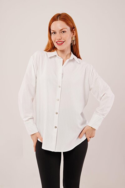 Genel Markalar İnce Çizgi Detaylı Beyaz Gömlek