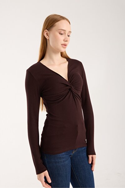 Mottotrend V Neck Long Sleeve Blouse With Knot Detail