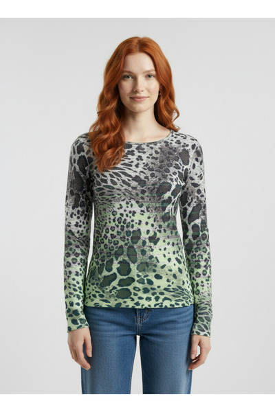 Neden Tekstil Neon Green Gray Leopard Patterned Slim Fit Sweater