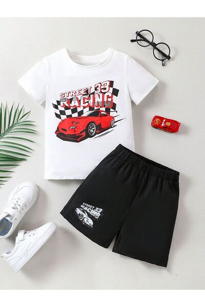 Kids Summer Street 33 Red Car Štampano Crne šortseve za dečake, beli T-shirt set
