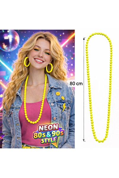 DGSTYL3 Neon Sarı Boncuk Kolye 80 Cm - Retro 80 ler 90 lar Parti Aksesuarı