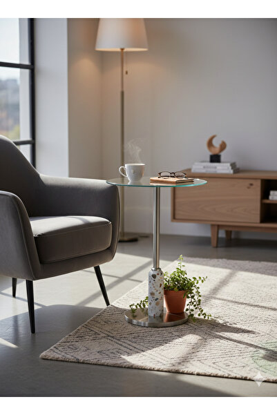 private house Modern side table with a glass top and terrazzo base - a contem...