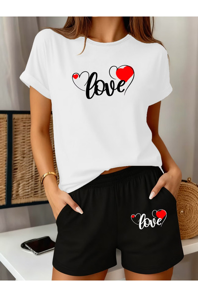 ibibik moda Love Printed Oversize Tshirt Shorts Set