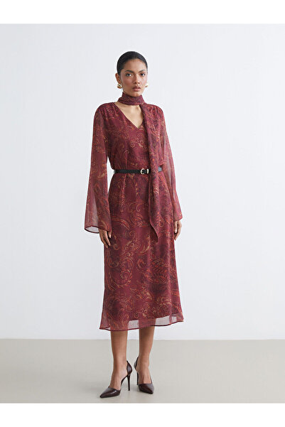 LC Waikiki Hilfa Yeni Sezon Şal Yaka Desenli İspanyol Kollu Kemerli Elbise