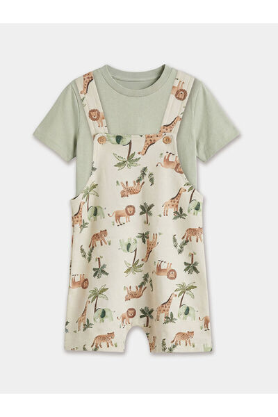 LC Waikiki M&B Collection Beige Crew Neck Baby Boy Salopet and T-Shirt