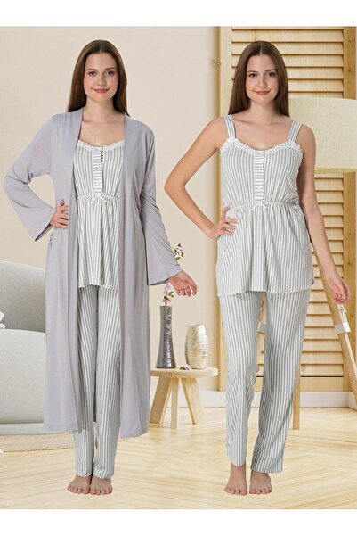 Effortt Dvina Lohusa Hamile Sabahlıklı Çizgili Desenli ve Askılı Pijama Takım...