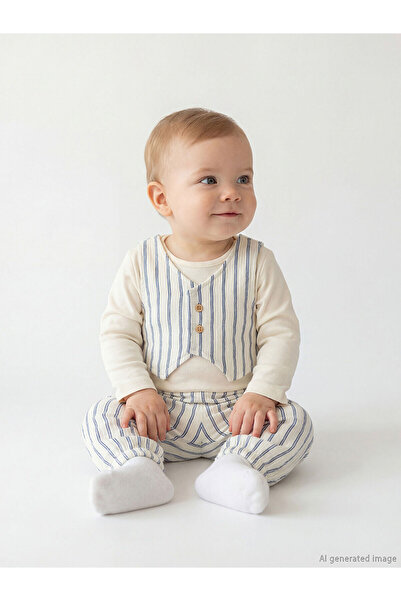 LC Waikiki M&B Collection Ecru Baby Boy Striped Snap Fastener Bodysuit and Pants